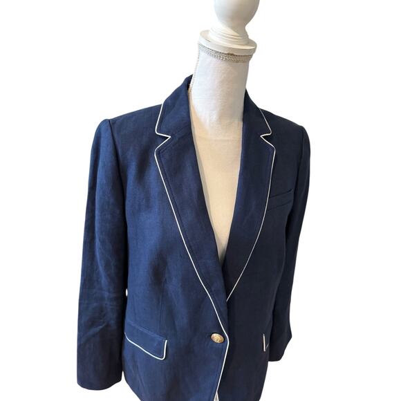 Talbots Piped Linen Blazer Navy Blue 12 - Picture 3 of 8